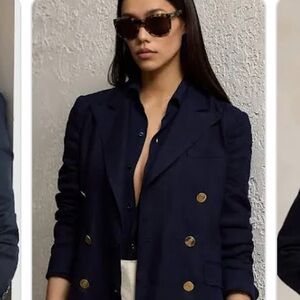 Vintage Lauren Ralph Lauren 100% Linen Double Breasted Blazer Classic Navy